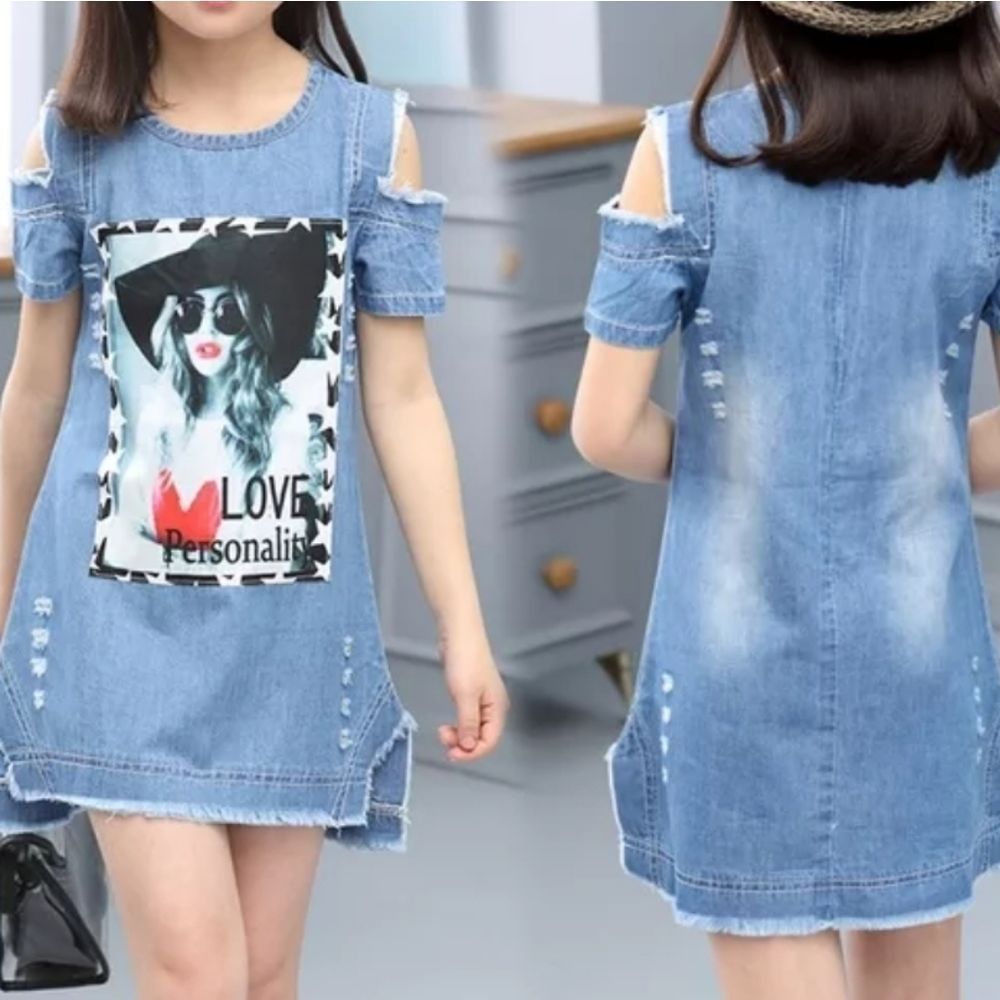 Girls Summer Denim Printed Short Sleeve